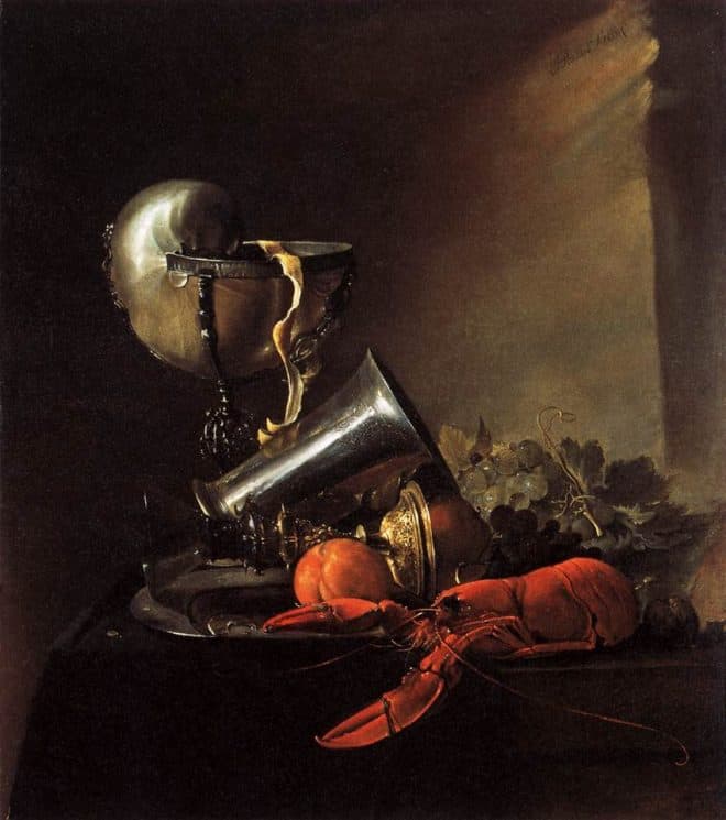 Stilleben mit Nautiluspokal, Hummer und Weinbecher