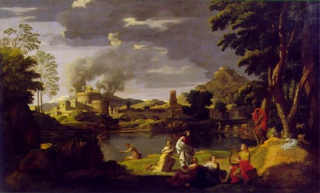 Nicolas Poussin: Landschaft mit Orpheus und Eurydike (um 1650)