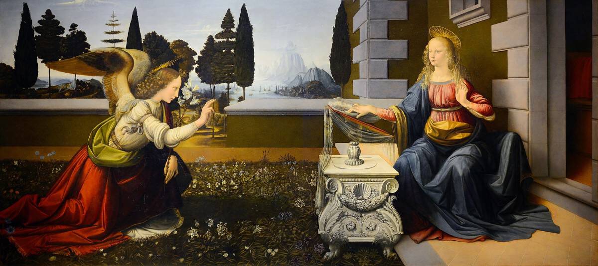 Leonardo da Vinci und Andrea del Verrocchio, Die Verkündigung, ca. 1472–1475