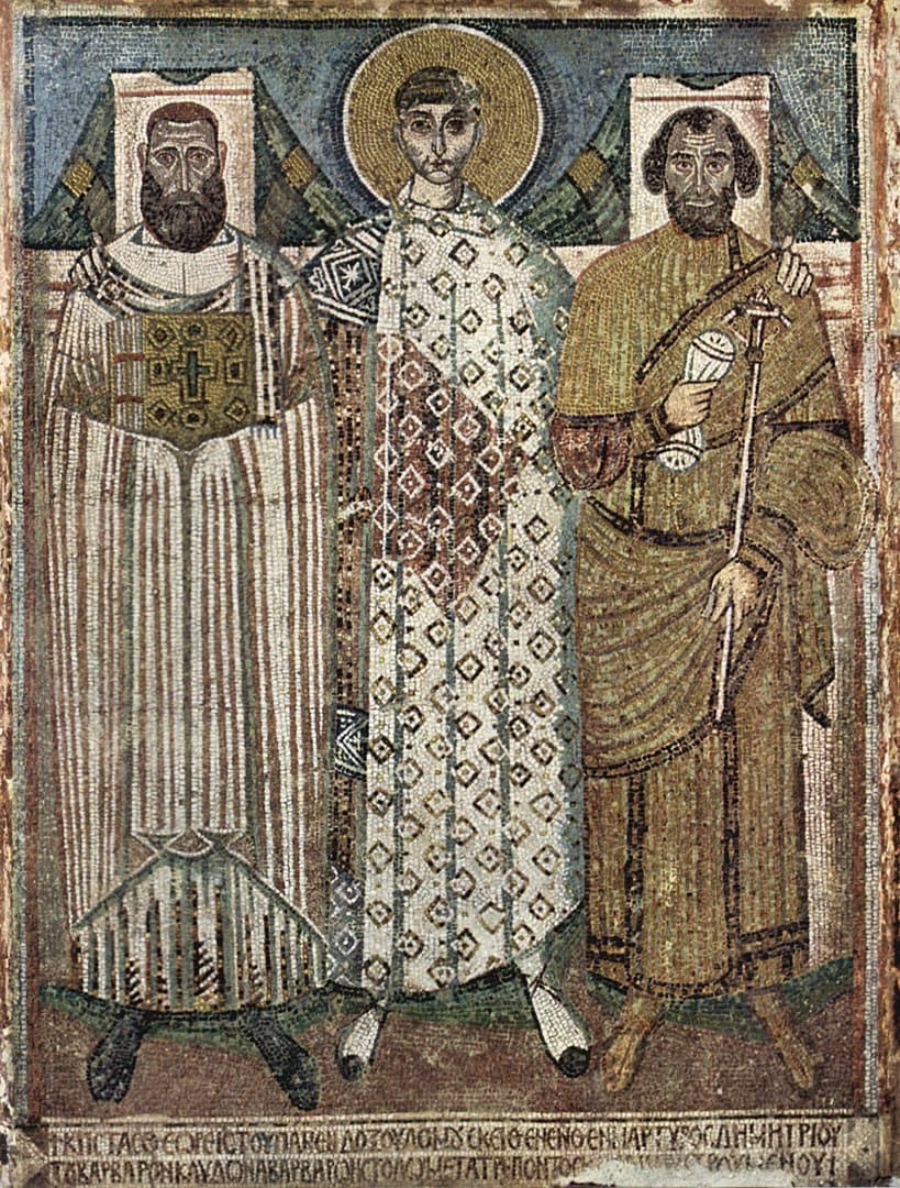 Demetriosbasilika in Thessaloniki, Hl. Demetrios mit Stiftern, Mosaik aus dem 6.:7. Jahrhundert