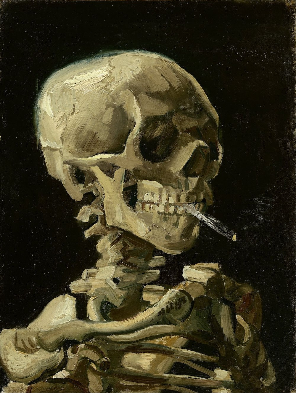 Vincent van Gogh, Kopf von einem Skelett mit brennender Zigarette, ca 1885-1886