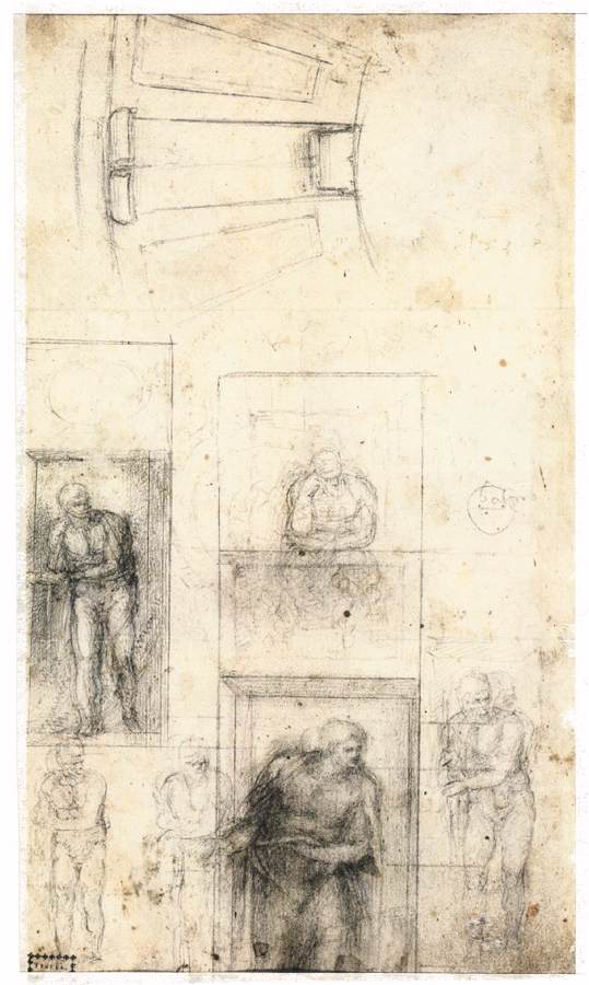 Architektonische Zeichnungen für den Petersdom, Grundriss und Skulpturen, 1546-49