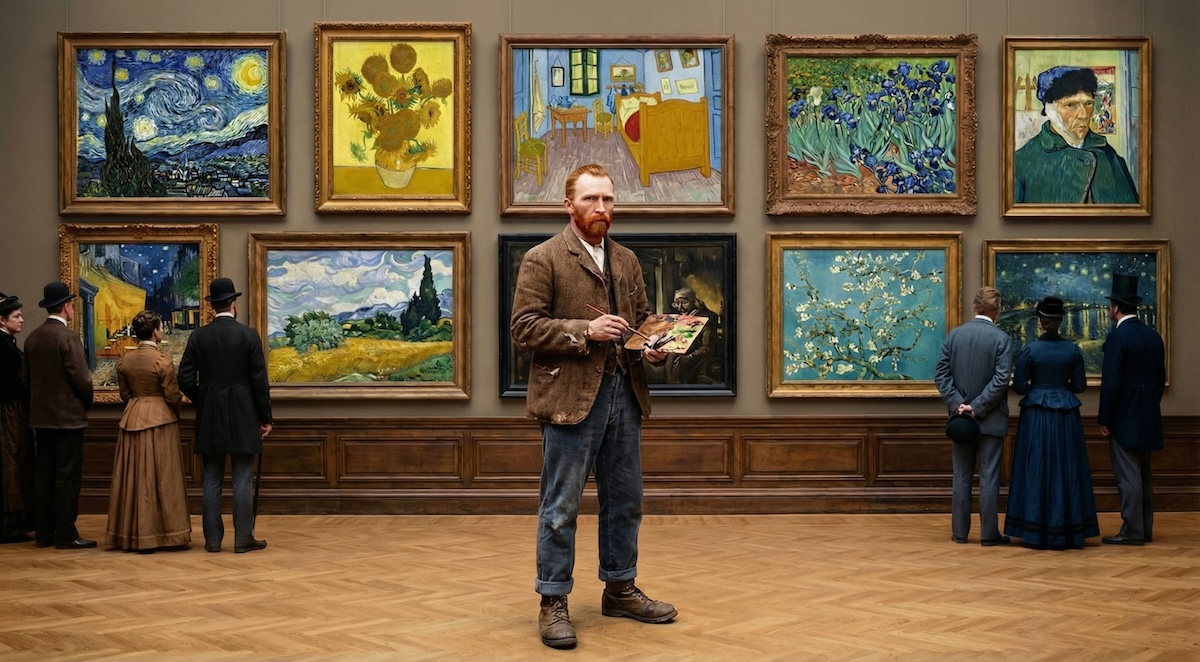 Künstler steht mit Palette vor bekannten Meisterwerken, beeindruckende Kunstsammlung in Museumssaal.